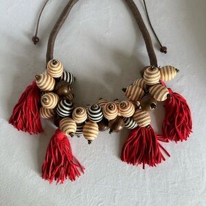 Striped Beaded Necklace with Red Tassels